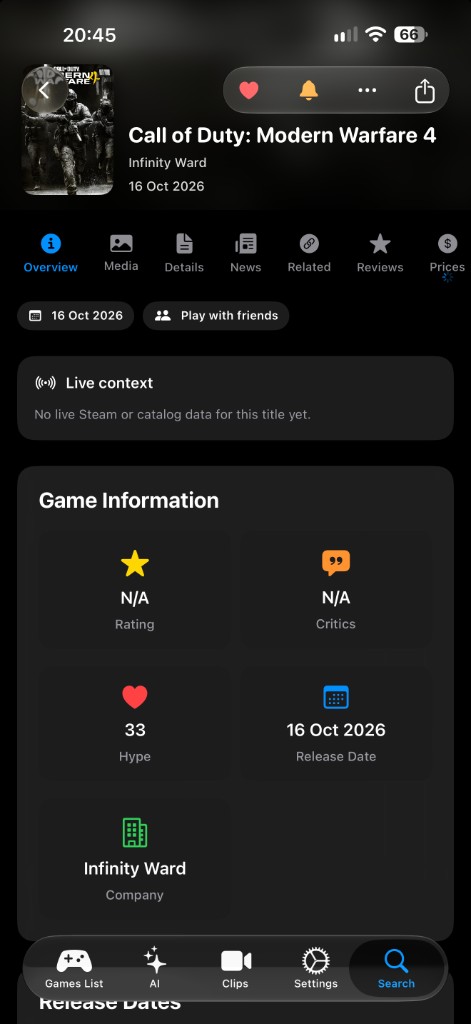 UTG game page showing a release date and alert controls